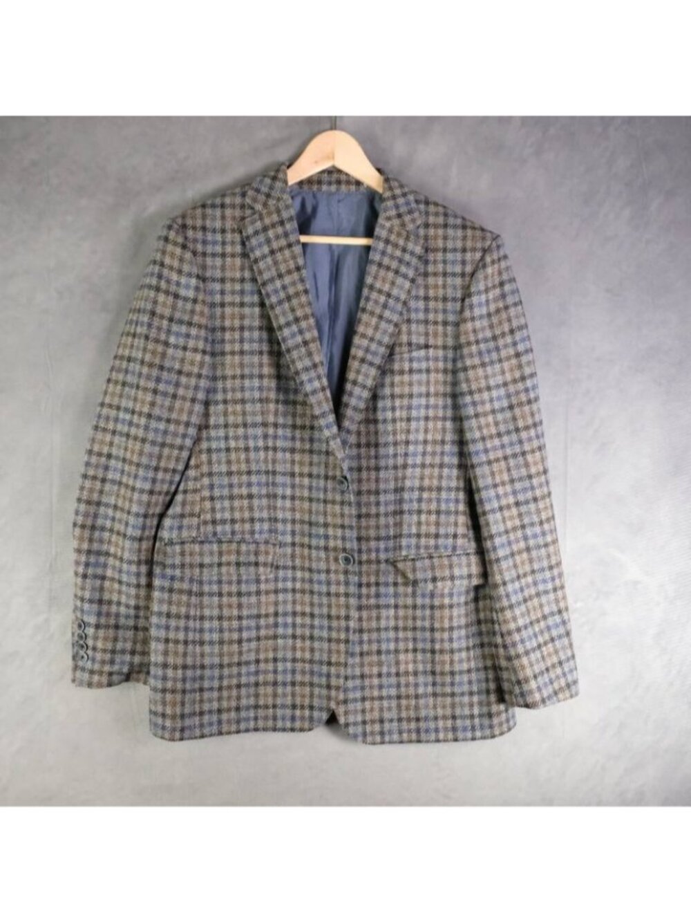 Baumler Blazer Mens 40R Brown Blue Plaid Wool Tweed Casual Two Button Vented